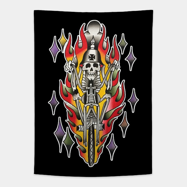 Skeleton Biker Rider Tattoo Design Tapestry by forevertruetattoo