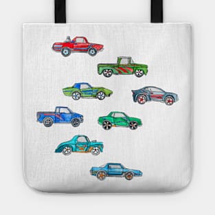 Little Toy Cars in Watercolor on White Tote