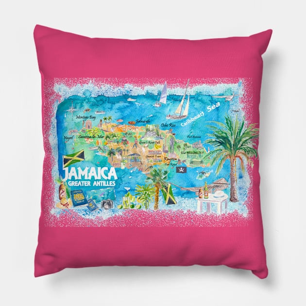 Jamaica Illustrated Travel Map with Roads and HighlightsS Pillow by artshop77