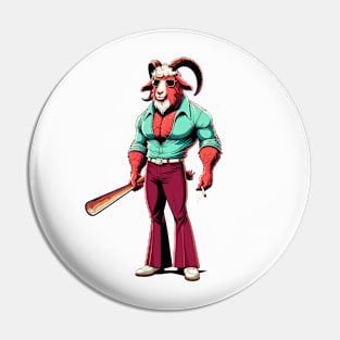 Retro Rebel: 70s Fashion goat with baseball bat Pin