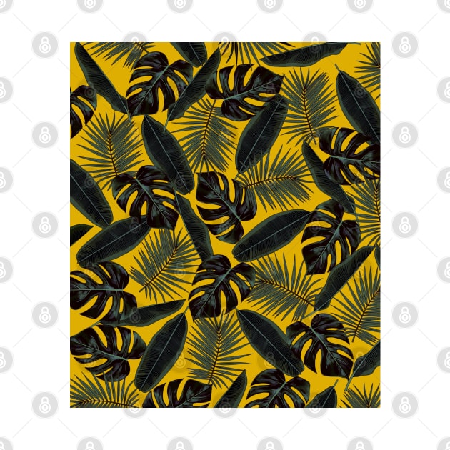 Tropical Black Green Leaves Pattern on Mustard Yellow by OneThreeSix