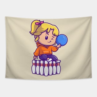 Cute Girl Playing Bowling Cartoon Tapestry