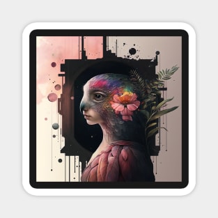 Ai genereated art , flowers, girl, parrot, digital, abstract scenery, surreal, fantasy Magnet