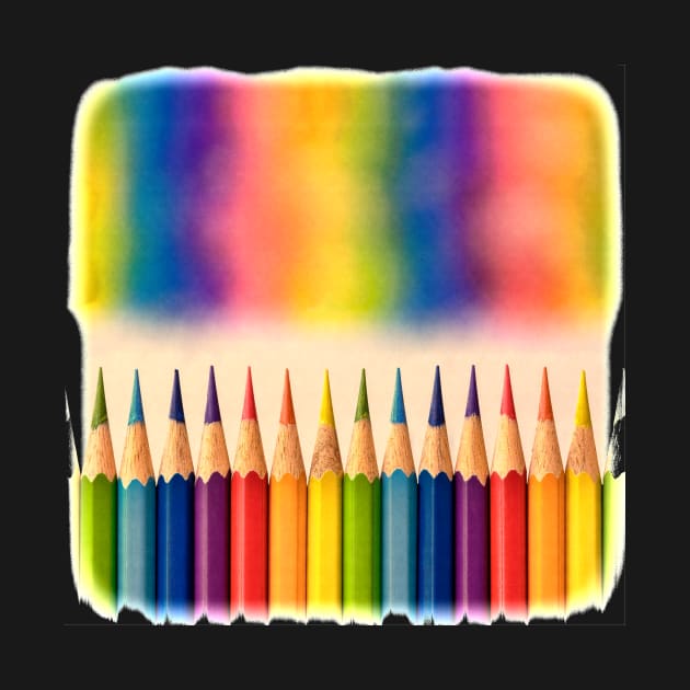 Retro style image of colorful coloring pencils with an out of focus vibrant rainbow  mural graphic above the row. by Earthworx