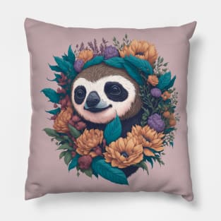 Cute smiling Sloth in flowers t-shirts and apparel, stickers, mugs, cases, pillow, wall art Pillow