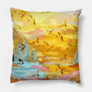 Abstract Landscape with Swallows at Sunset Pillow