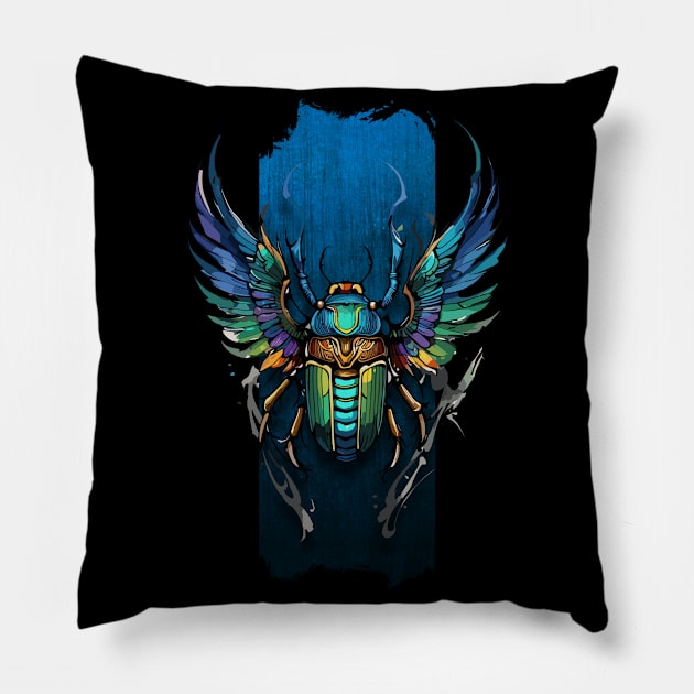 Flight of Renewal: Winged Scarab Symphony Pillow by Digital Dreamers