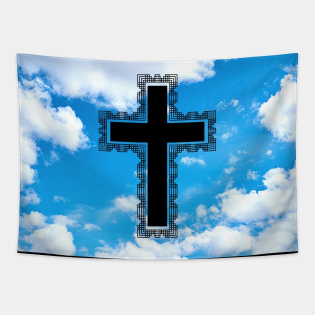 Black Christian Cross In The Sky Tapestry by DAHLIATTE