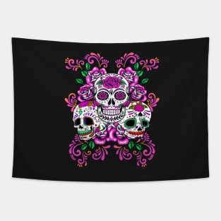 Triple Skull Pink Floral Day Of The Dead Sugar Skulls Tapestry