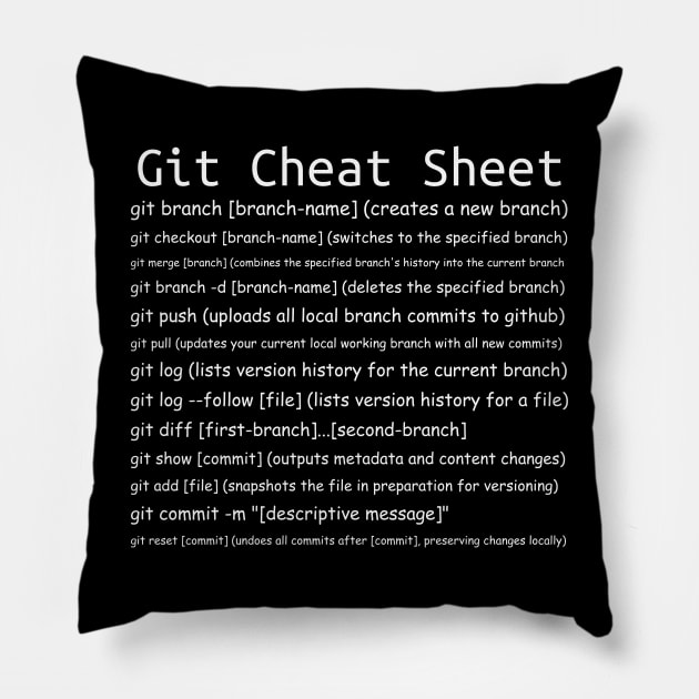 Git Cheat Sheet Black Pillow by Jackson Williams