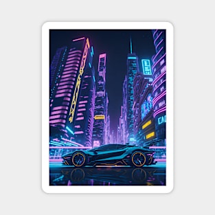 Dark Neon City Sports Car Magnet