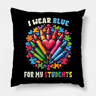 Autism Awareness Teacher I Wear Blue For My Students Crayons Puzzle Autism Pillow