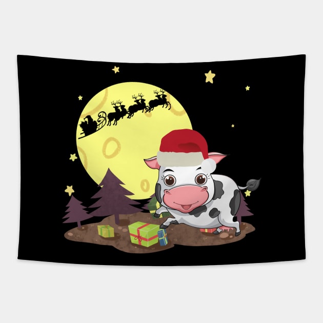 Cute Cow Santa With Reindeer Christmas Day Costume Gift Tapestry by Pretr=ty