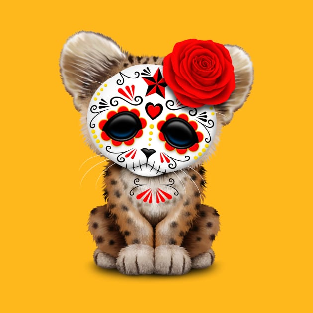 Red Day of the Dead Sugar Skull Leopard Cub by jeffbartels