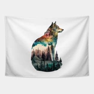 Wolf Watercolor Forest Cute Autumn Leaves Landscape Animal Print Tapestry