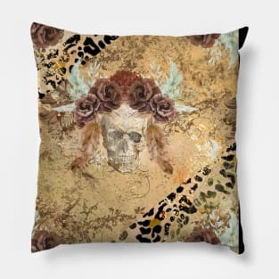 Leopard print skull and flowers Pillow