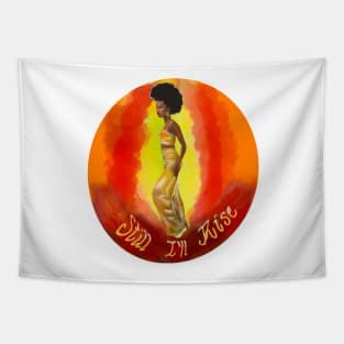 Still I’ll rise -multi coloured colored background - black girl with Afro hair, shimmering gold dress and dark brown skin side profile. Tapestry