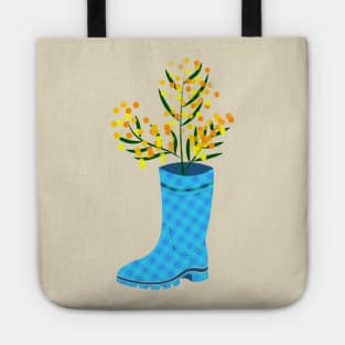 Rubber boots Wellies blue checkered Wellington boots and mimosa flower Tote