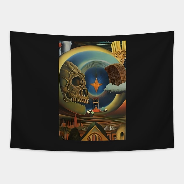 Surrealist painting like digital art of a Skull biblical style winged angel abstract buldings Tapestry by hclara23
