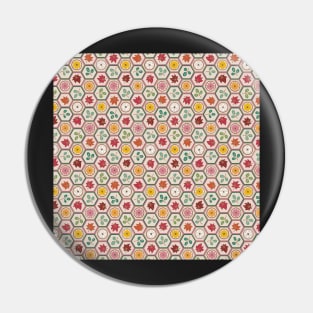 Traditional Japanese Kikkou Tortoise Shell Autumn Geometric Floral Pattern with Maple Leaves, Bush Clover, and Chrysanthemum in Muted Rainbow Pin