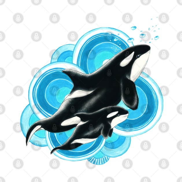 Orca whale and calf blue ink drawing by Seven Sirens Studios