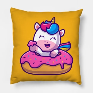 Cute Unicorn Eating Doughnut Cartoon Pillow