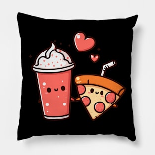 Kawaii Pepperoni Pizza and Milkshake Couple | Cute Kawaii Food Art for Couples Pillow