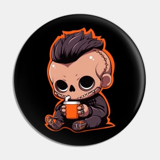 Spooky Kid Drinking Pumpkin Spice Latte Pin