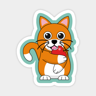 Cute Orange White Cat Eating Red Apple Cartoon Magnet