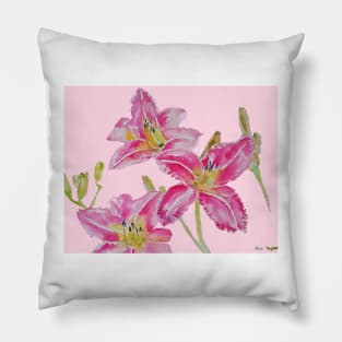 Pink Lily Flower Watercolor Painting Pattern - on Pastel Pink Pillow