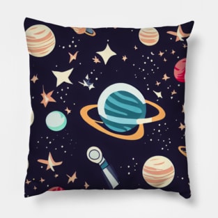 A space-themed pattern featuring stars, planets, and other cosmic elements. Pillow