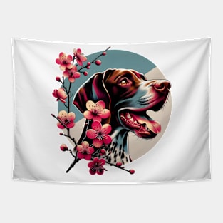 Joyful German Shorthaired Pointer with Spring Cherry Blossoms Tapestry