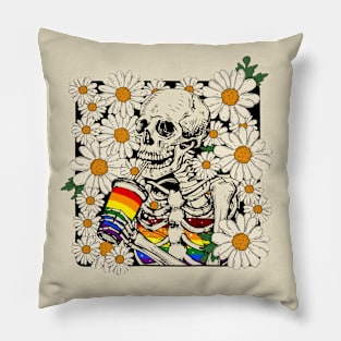 Skeleton Drink LGBTQ+ Coffee In The Daisy Garden Pillow