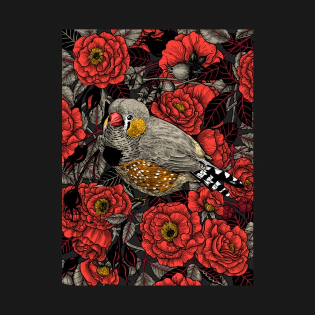 Zebra finch and red rose bush by katerinamk