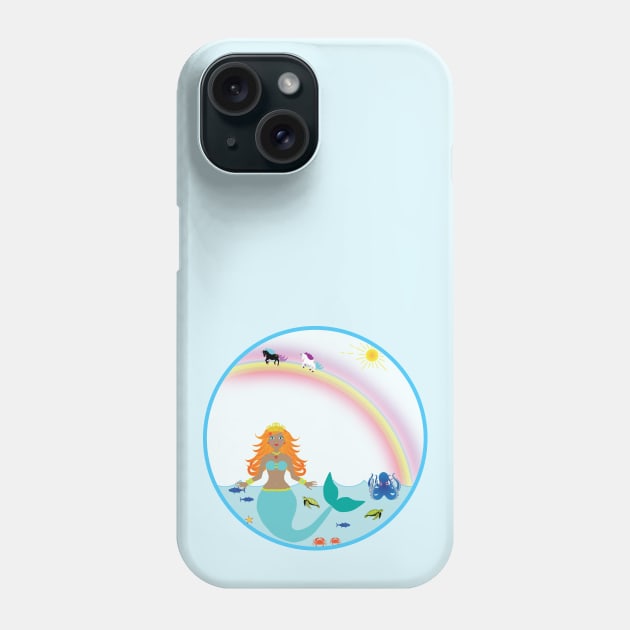 Mermaid in Sea with fish octopus crabs turtles unicorns and rainbow Phone Case by Rosemarie Guieb Designs