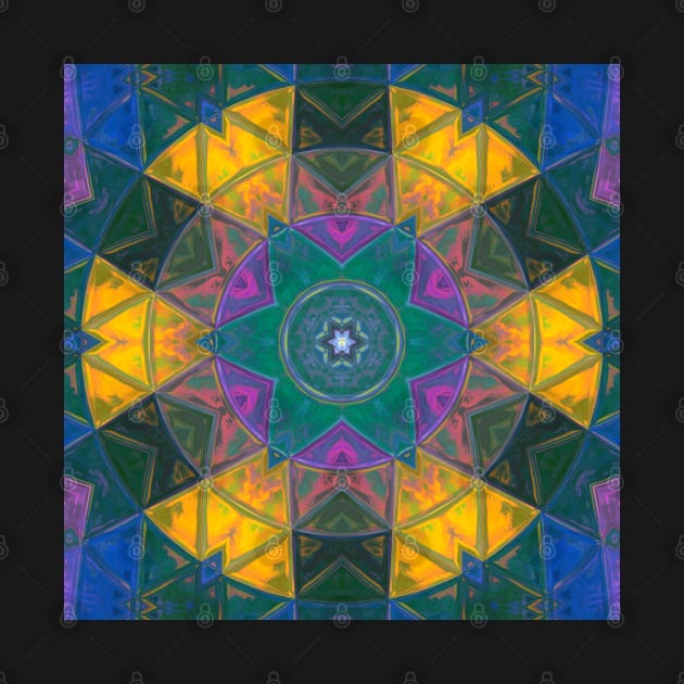 Mosaic Kaleidoscope Flower Blue Yellow and Pink by WormholeOrbital