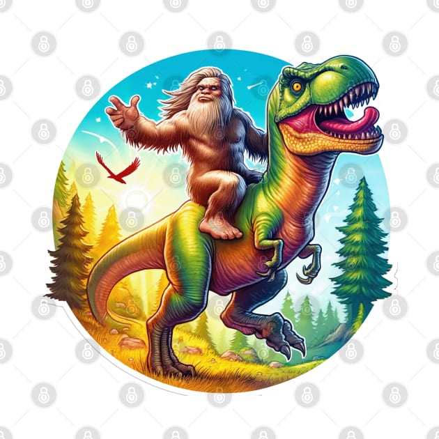 Sasquatch Riding a T-Rex Cryptozoologist Big Foot Dinosaur by Dad and Co