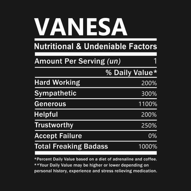 Vanesa Name T Shirt - Vanesa Nutritional and Undeniable Name Factors Gift Item Tee by nikitak4um