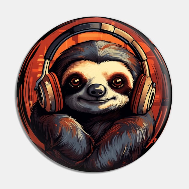 Slothy Vibes Cute Sloth with Headphones Pin by origato