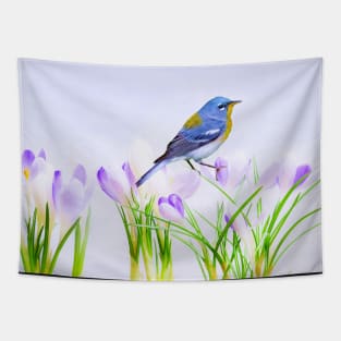 Parula Warbler Perched on Crocus Flowers Tapestry