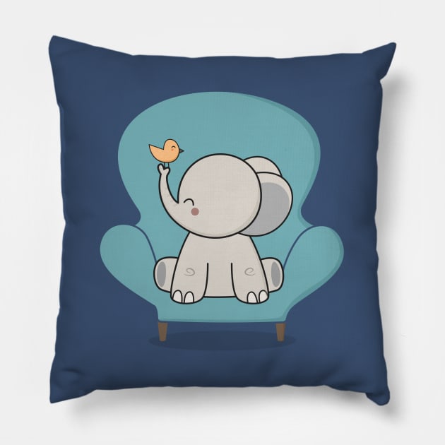 Kawaii Cute Elephant And Bird Pillow by wordsberry