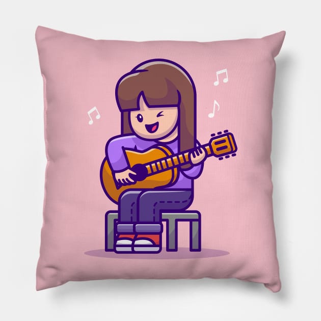 Cute Girl Playing Guitar Pillow by Catalyst Labs