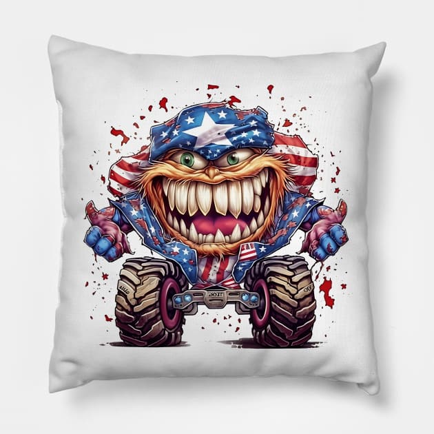 4th of July Monster Truck #1 Pillow by Chromatic Fusion Studio