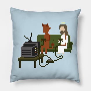 Jesus and Devil Playing Video Games Pixel Art Pillow