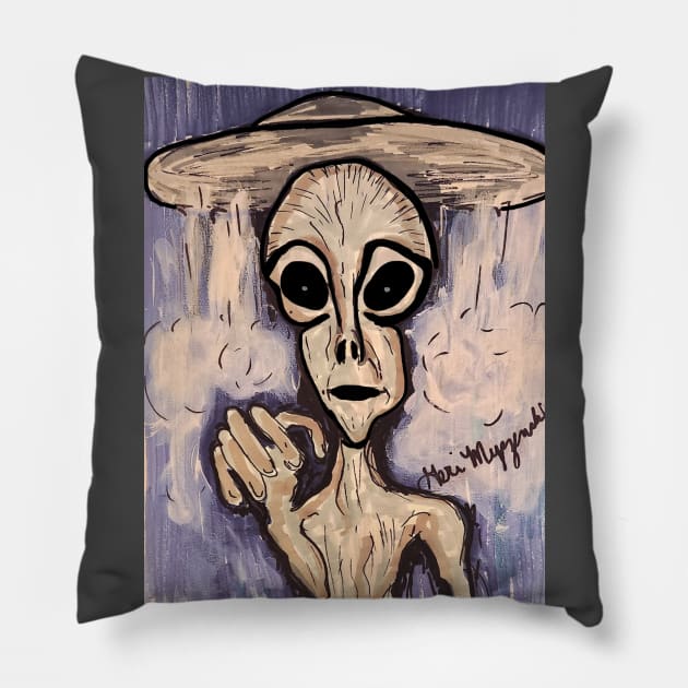 Grey Alien and his UFO Pillow by TheArtQueenOfMichigan 