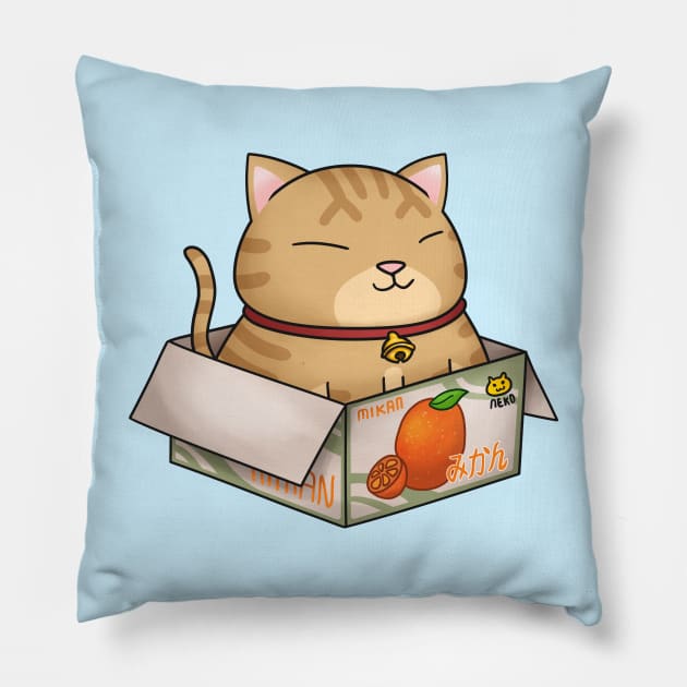 Orange Chubby Cat in Mikan Box Pillow by Takeda_Art