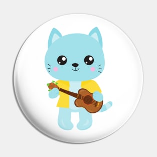 Hawaii Cat, Cute Cat, Blue Cat, Guitar, Luau Pin