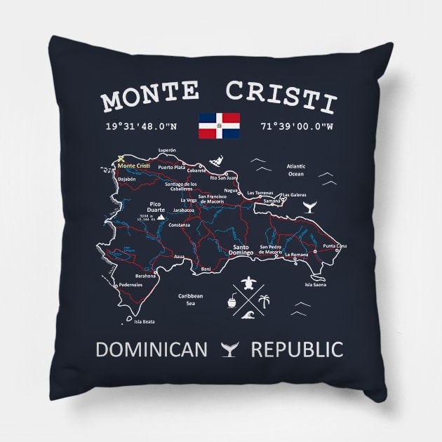 Monte Cristi Dominican Republic Flag Travel Map Coordinates GPS Pillow by French Salsa