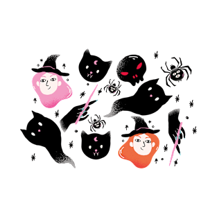 Spooky Vampire Cat Witches Spiders and Cat Spirits for Halloween T-Shirt