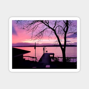 Silhouetted Couple on Dock with Pink Sunset Sky Magnet